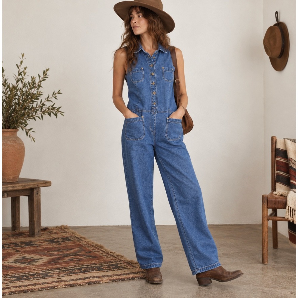 Vintage 90s Denim Jumpsuit Blue Cotton Sleeveless P L Western Minimal Clean Girl